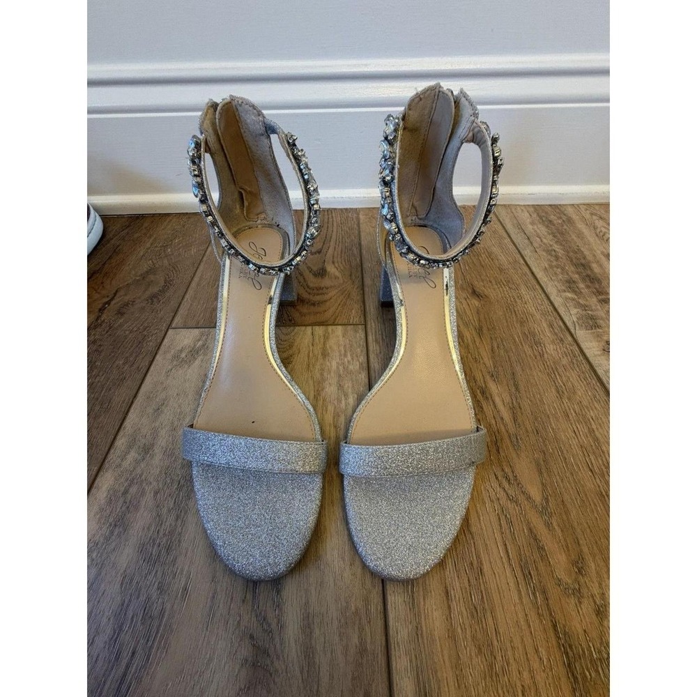 Jewel Badgley Mischka Catalina Sandals Womens 8 Silver Excellent Crystal Heel